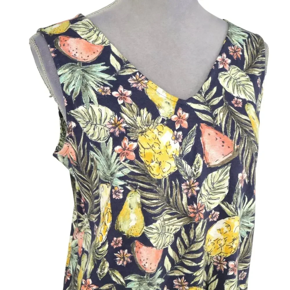 J Jill Dress Womens Small Green Pink Floral Stretch Knit Flounced Hem Pullover